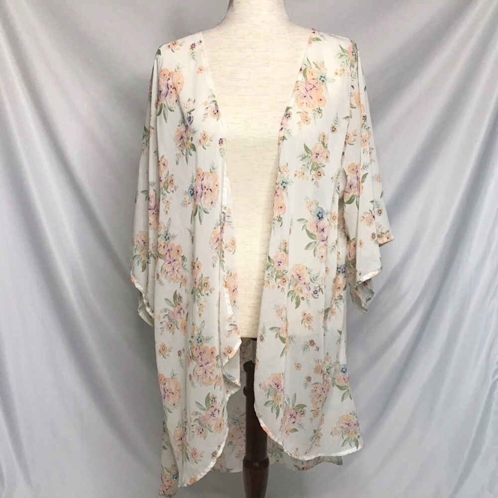 MUDD Size S Kimono Wrap Open Floral Robe Swim Beach Pool Cover Up White